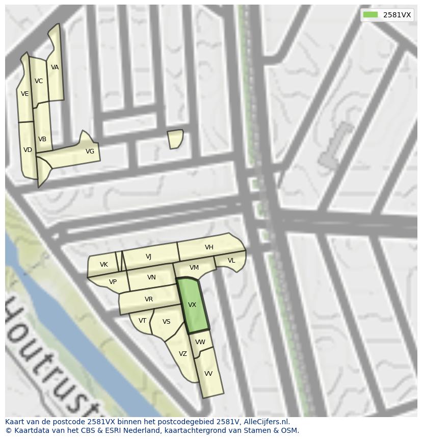 Afbeelding van het postcodegebied 2581 VX op de kaart.
