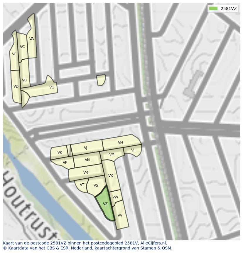 Afbeelding van het postcodegebied 2581 VZ op de kaart.