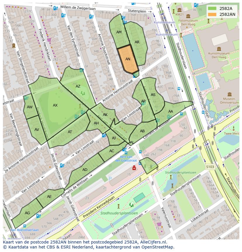 Afbeelding van het postcodegebied 2582 AN op de kaart.