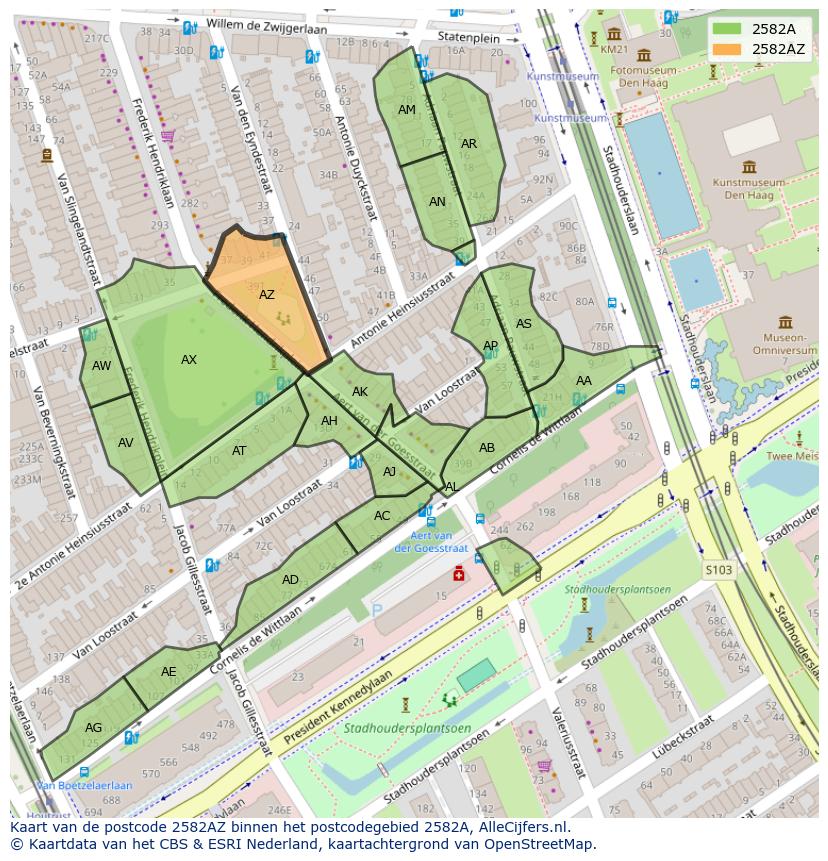 Afbeelding van het postcodegebied 2582 AZ op de kaart.