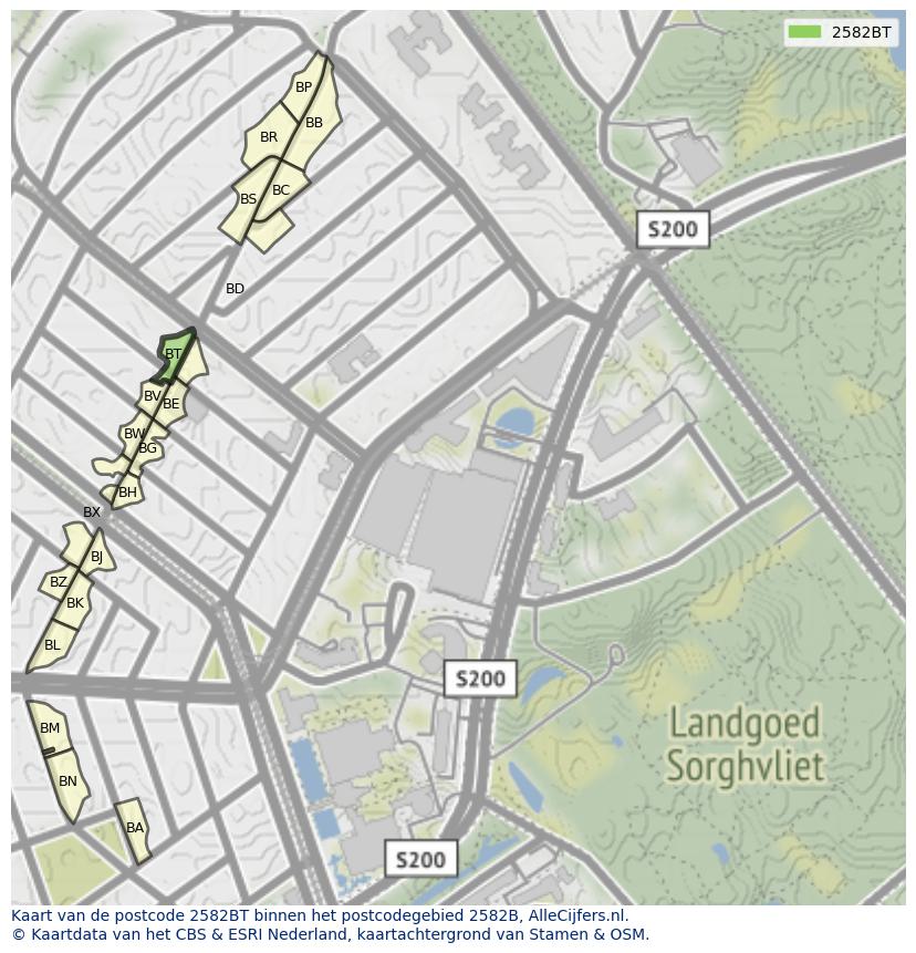Afbeelding van het postcodegebied 2582 BT op de kaart.