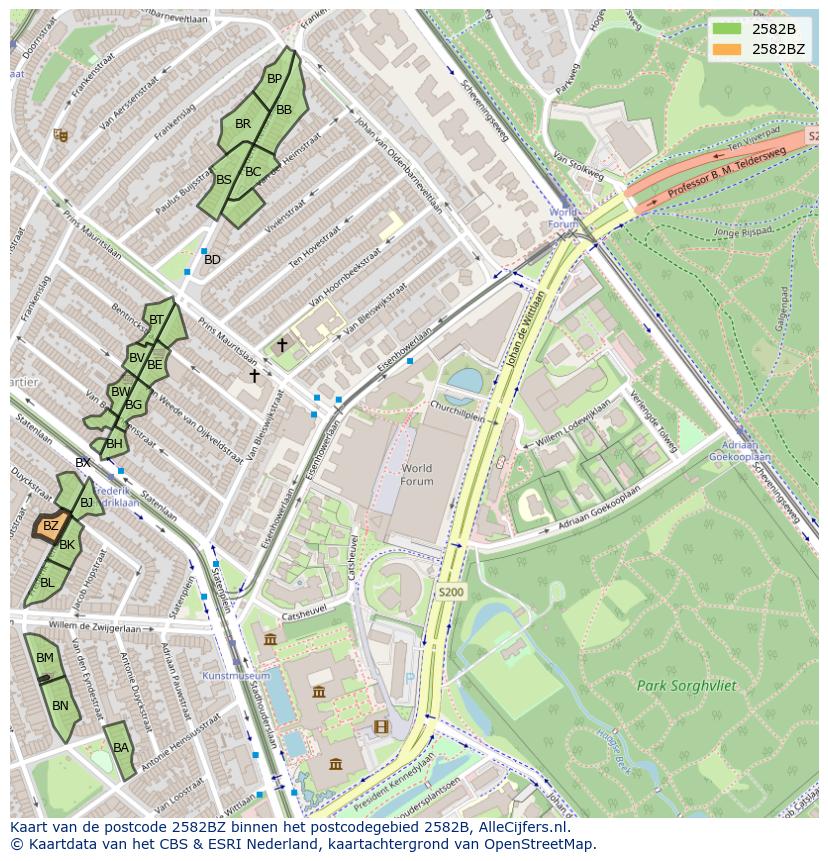 Afbeelding van het postcodegebied 2582 BZ op de kaart.