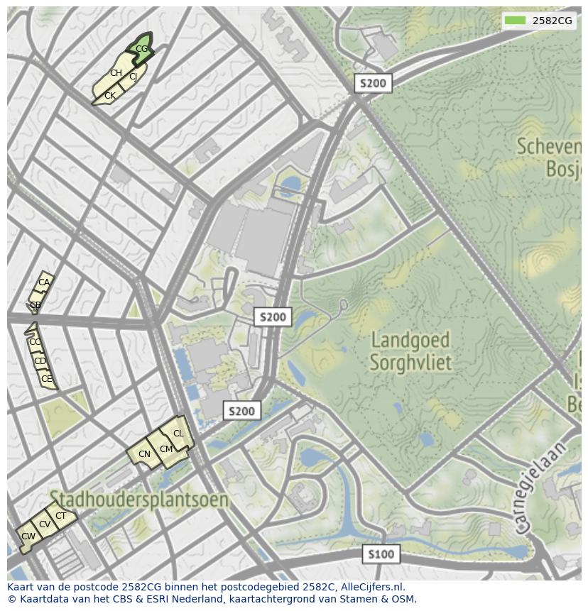 Afbeelding van het postcodegebied 2582 CG op de kaart.