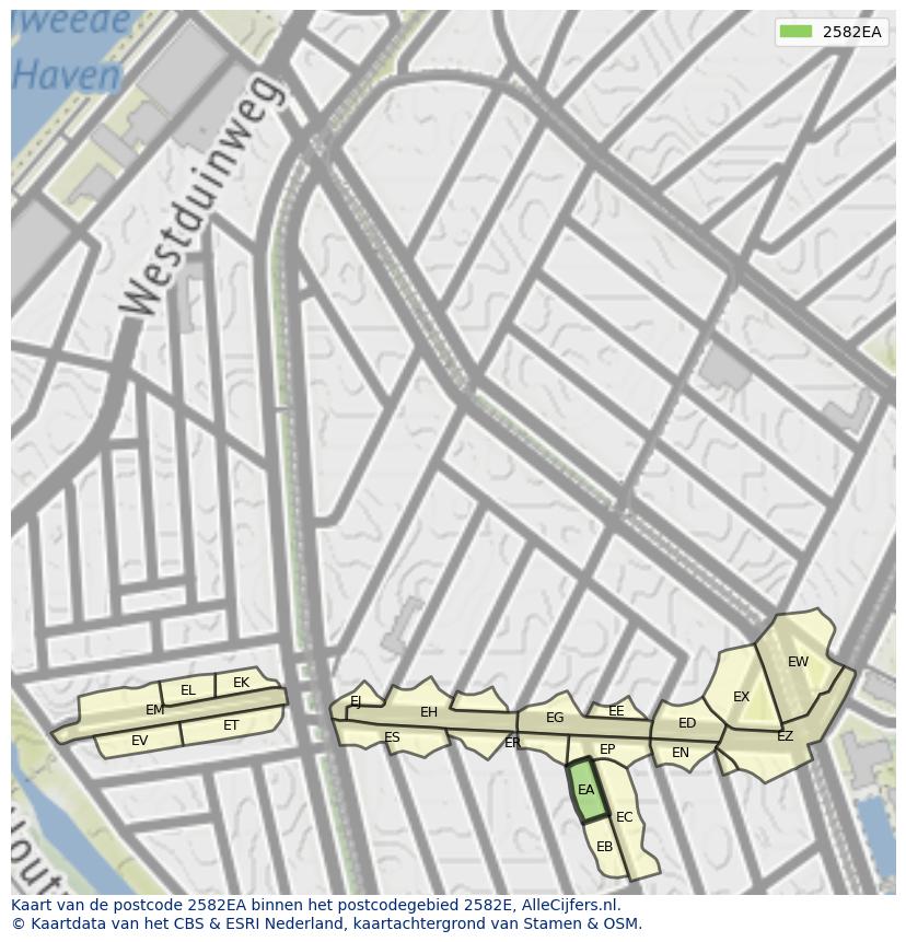 Afbeelding van het postcodegebied 2582 EA op de kaart.