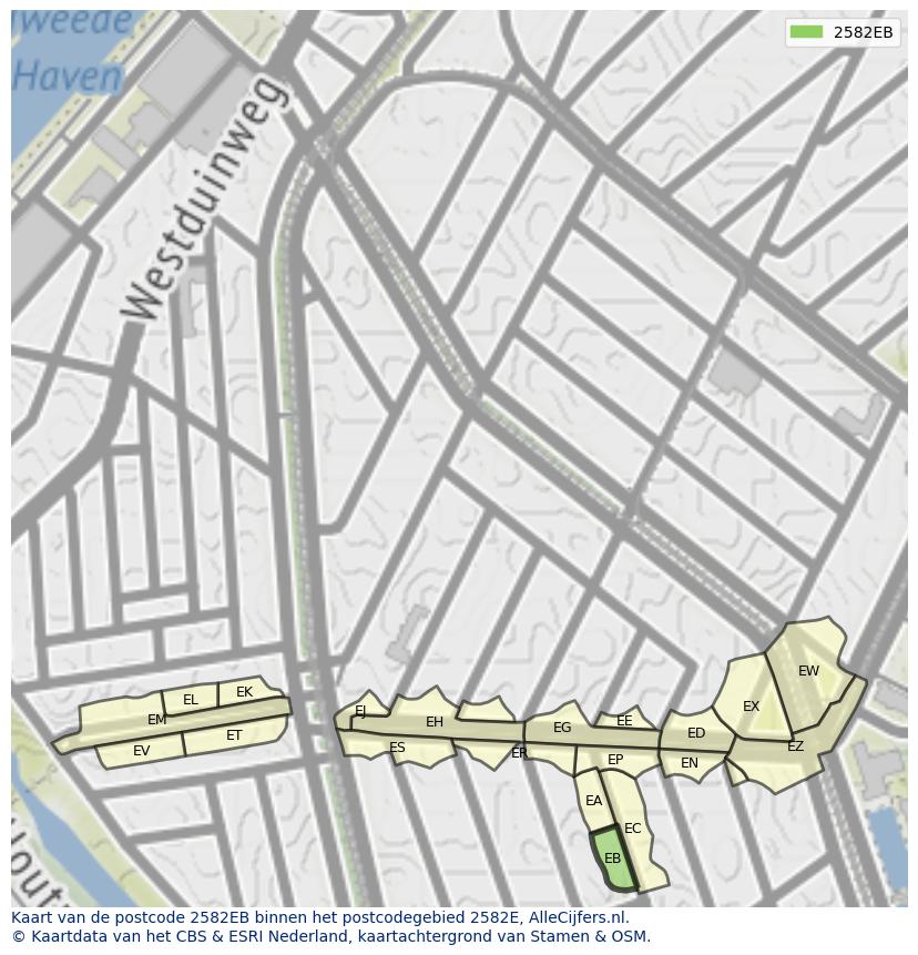 Afbeelding van het postcodegebied 2582 EB op de kaart.