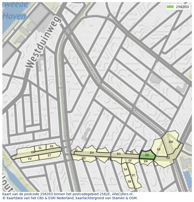 Afbeelding van het postcodegebied 2582 ED op de kaart.