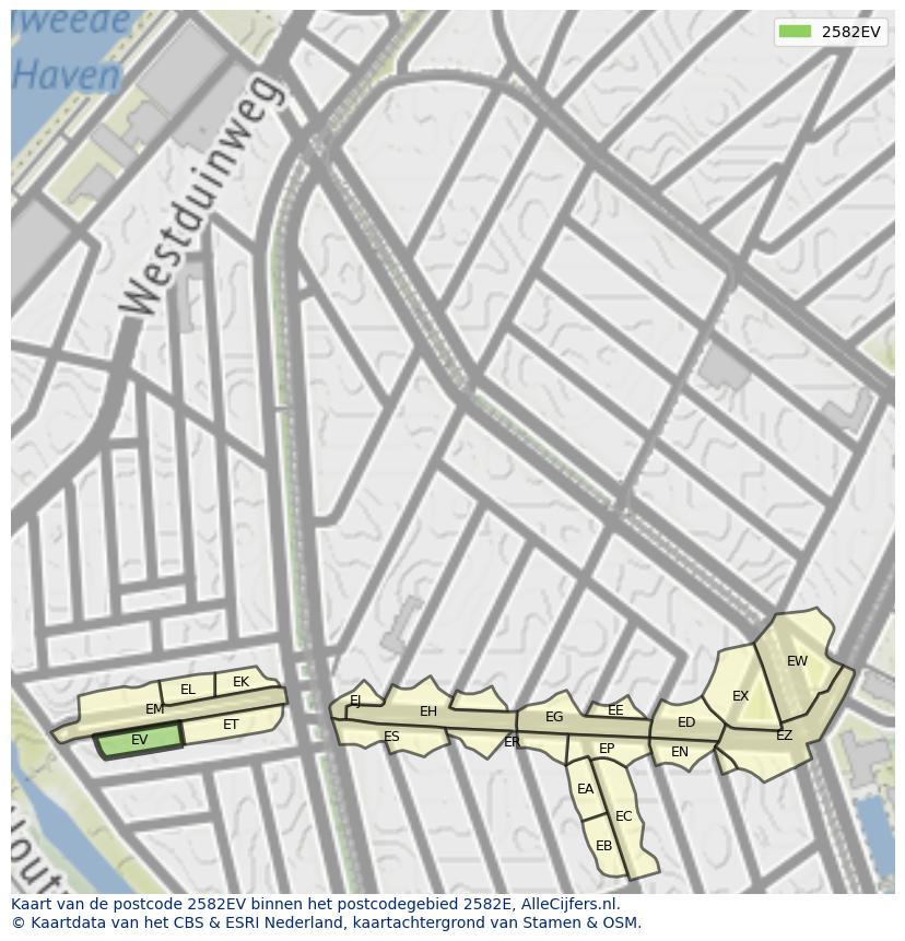 Afbeelding van het postcodegebied 2582 EV op de kaart.