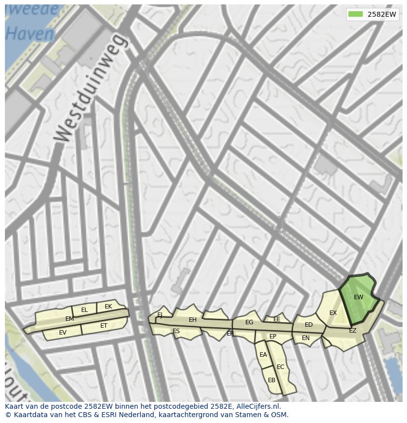 Afbeelding van het postcodegebied 2582 EW op de kaart.