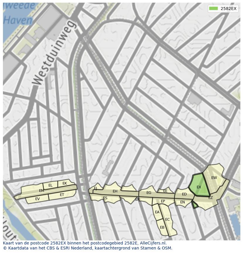 Afbeelding van het postcodegebied 2582 EX op de kaart.