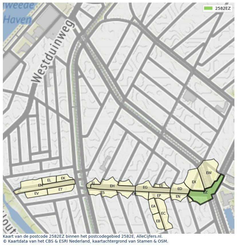 Afbeelding van het postcodegebied 2582 EZ op de kaart.