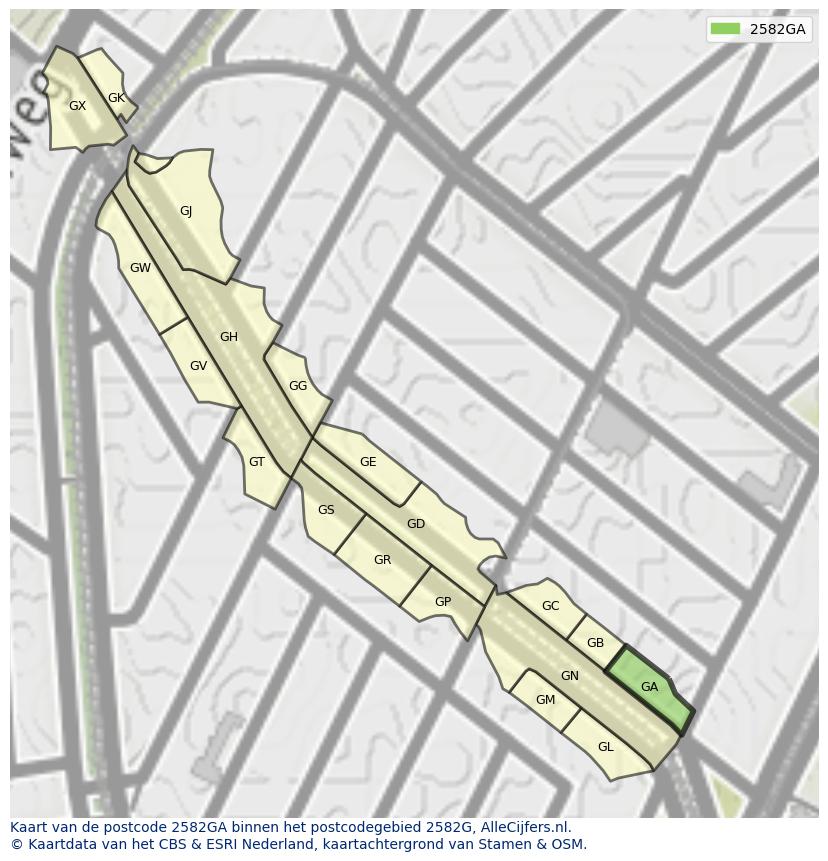 Afbeelding van het postcodegebied 2582 GA op de kaart.