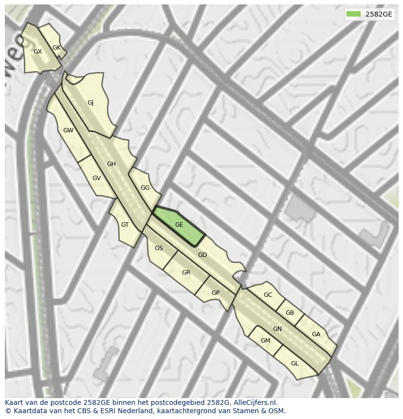 Afbeelding van het postcodegebied 2582 GE op de kaart.