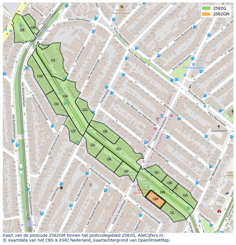Afbeelding van het postcodegebied 2582 GM op de kaart.
