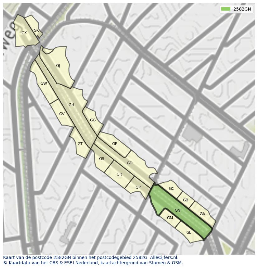 Afbeelding van het postcodegebied 2582 GN op de kaart.