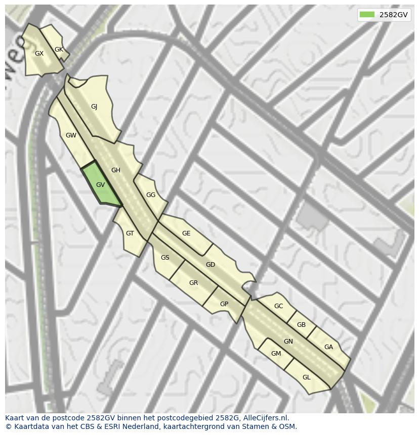 Afbeelding van het postcodegebied 2582 GV op de kaart.