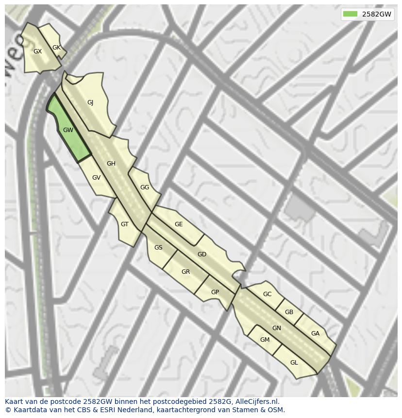 Afbeelding van het postcodegebied 2582 GW op de kaart.