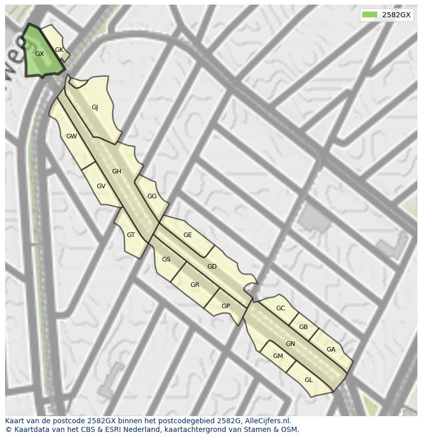 Afbeelding van het postcodegebied 2582 GX op de kaart.