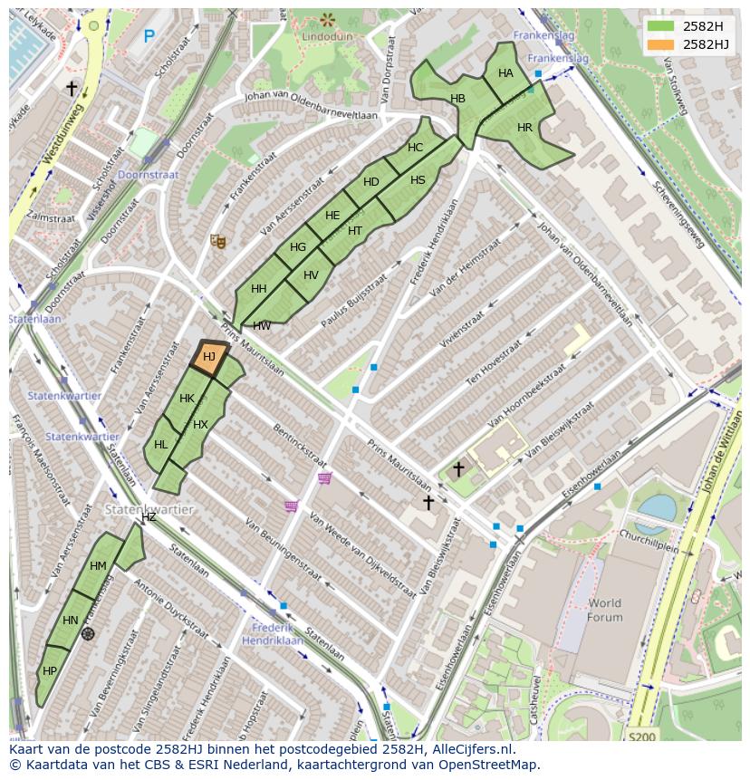 Afbeelding van het postcodegebied 2582 HJ op de kaart.
