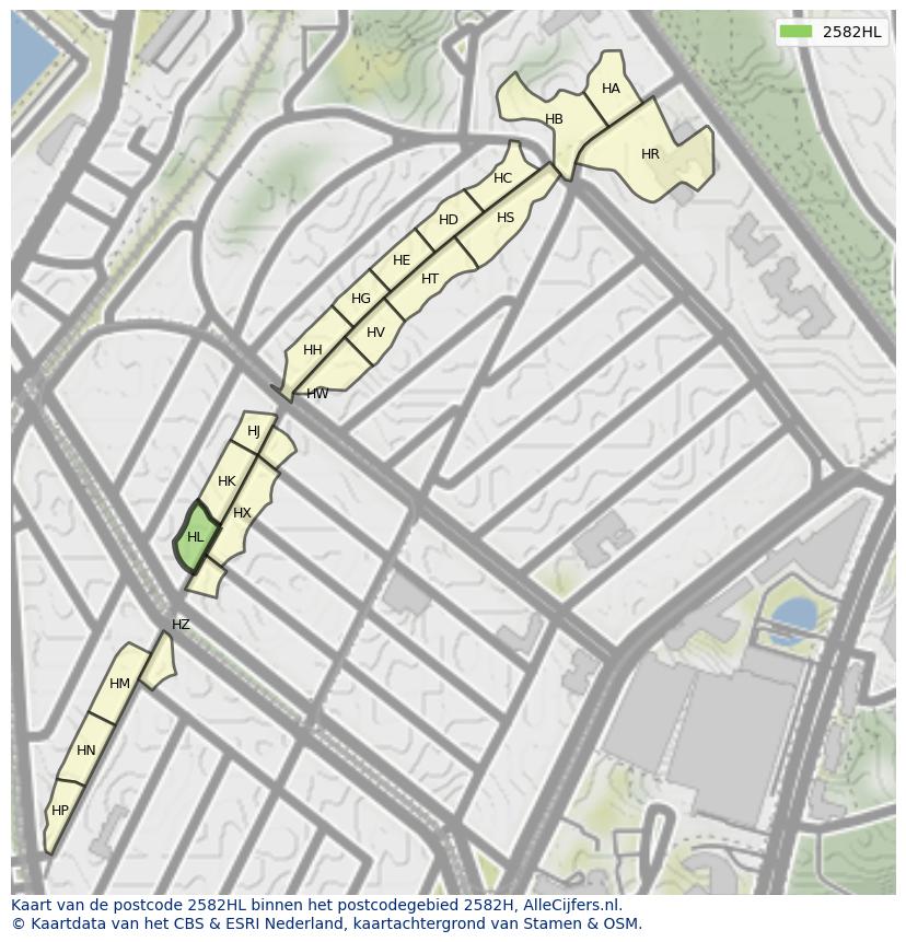 Afbeelding van het postcodegebied 2582 HL op de kaart.