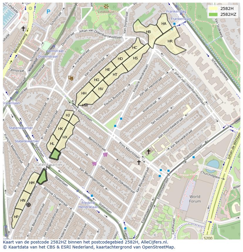 Afbeelding van het postcodegebied 2582 HZ op de kaart.