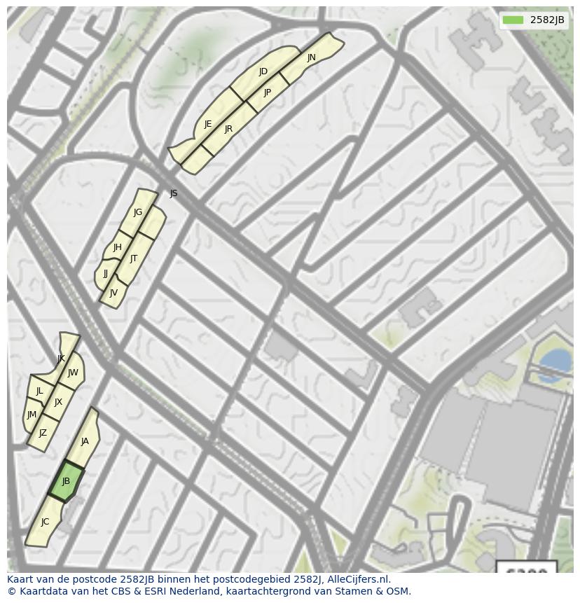Afbeelding van het postcodegebied 2582 JB op de kaart.