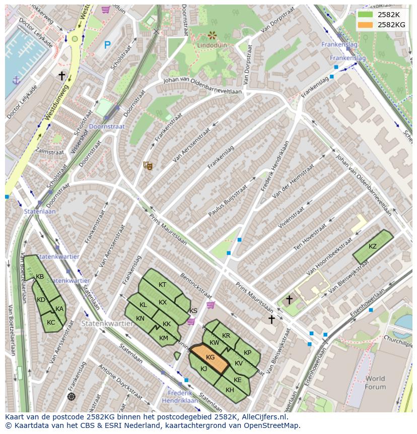 Afbeelding van het postcodegebied 2582 KG op de kaart.
