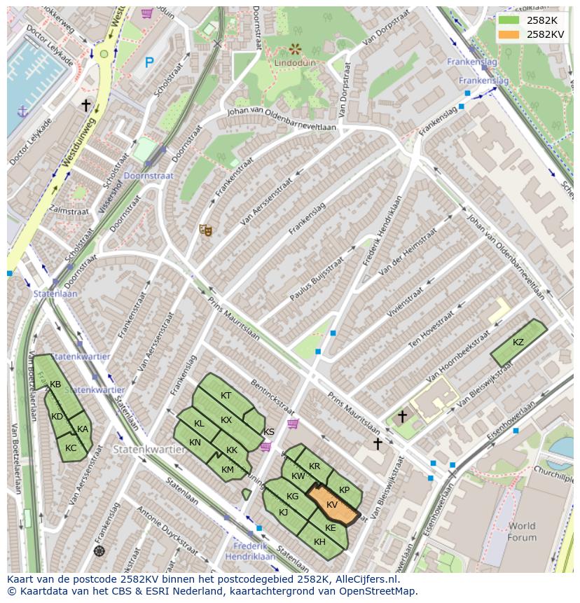 Afbeelding van het postcodegebied 2582 KV op de kaart.