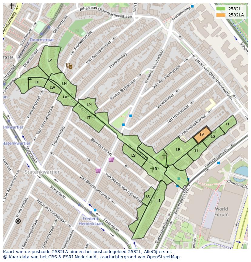 Afbeelding van het postcodegebied 2582 LA op de kaart.