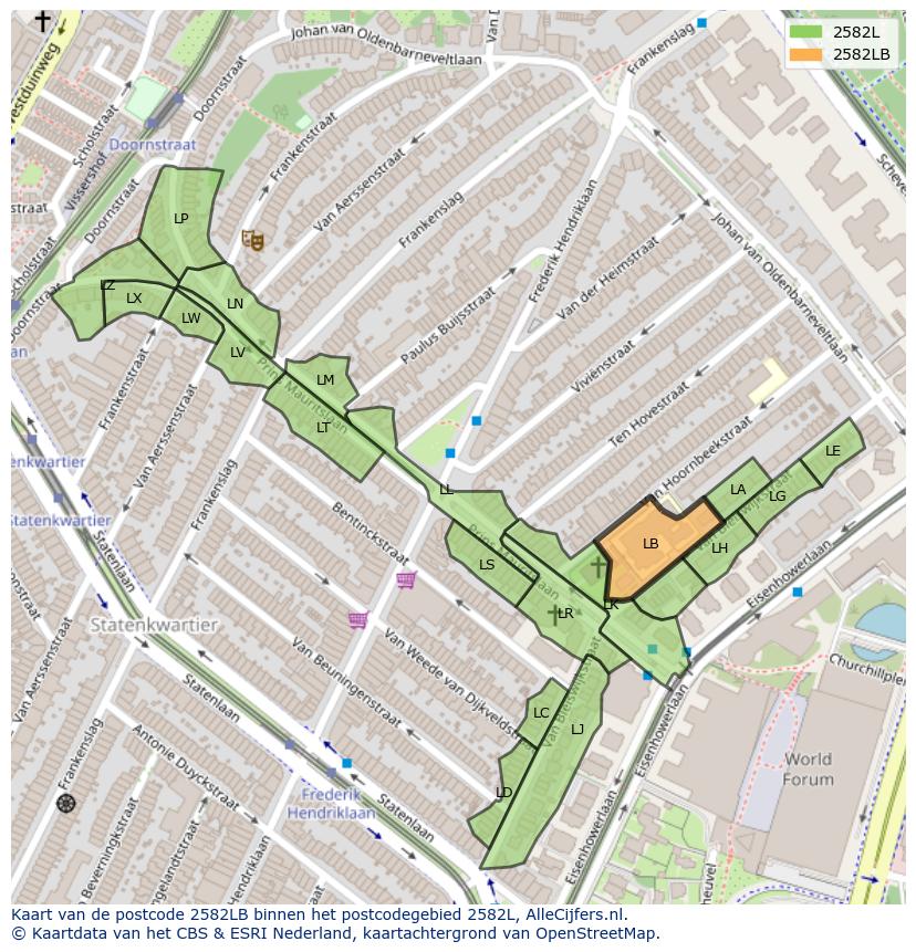 Afbeelding van het postcodegebied 2582 LB op de kaart.