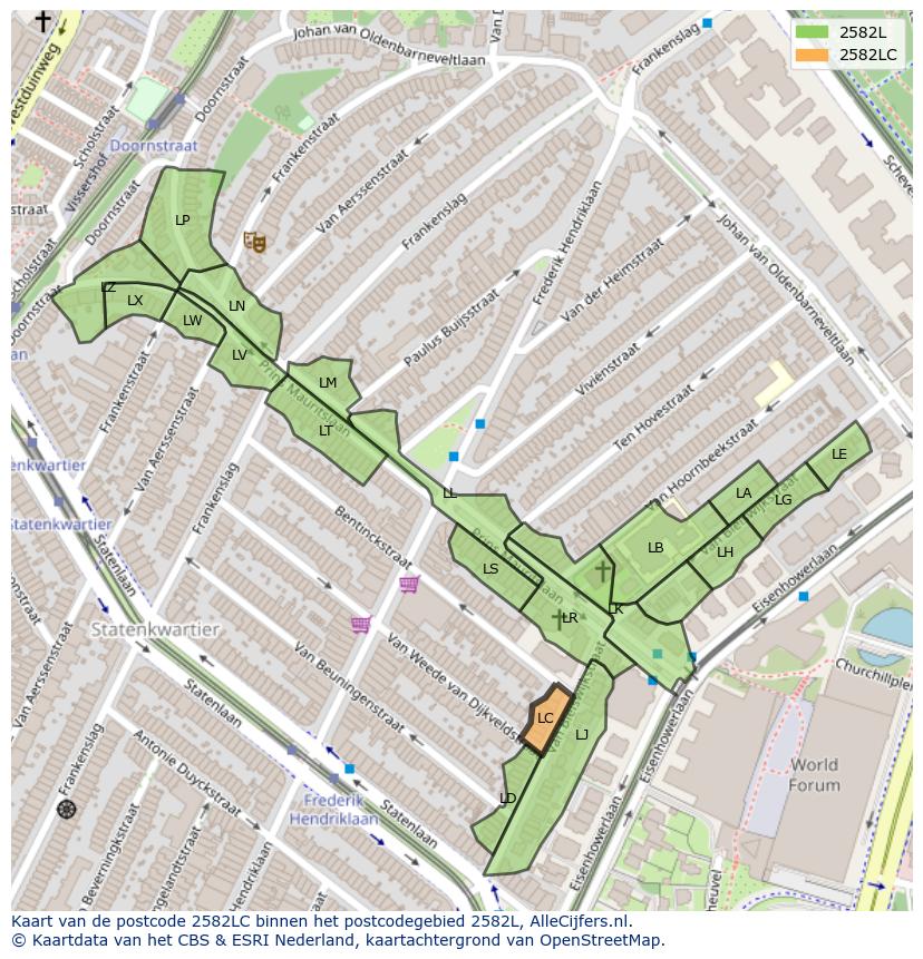 Afbeelding van het postcodegebied 2582 LC op de kaart.