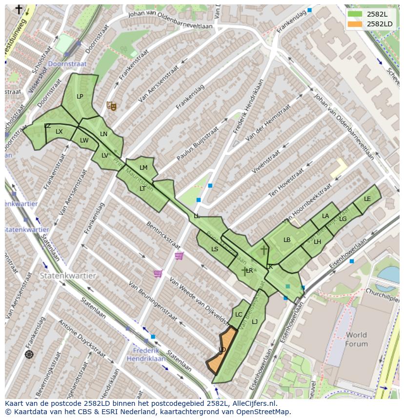 Afbeelding van het postcodegebied 2582 LD op de kaart.