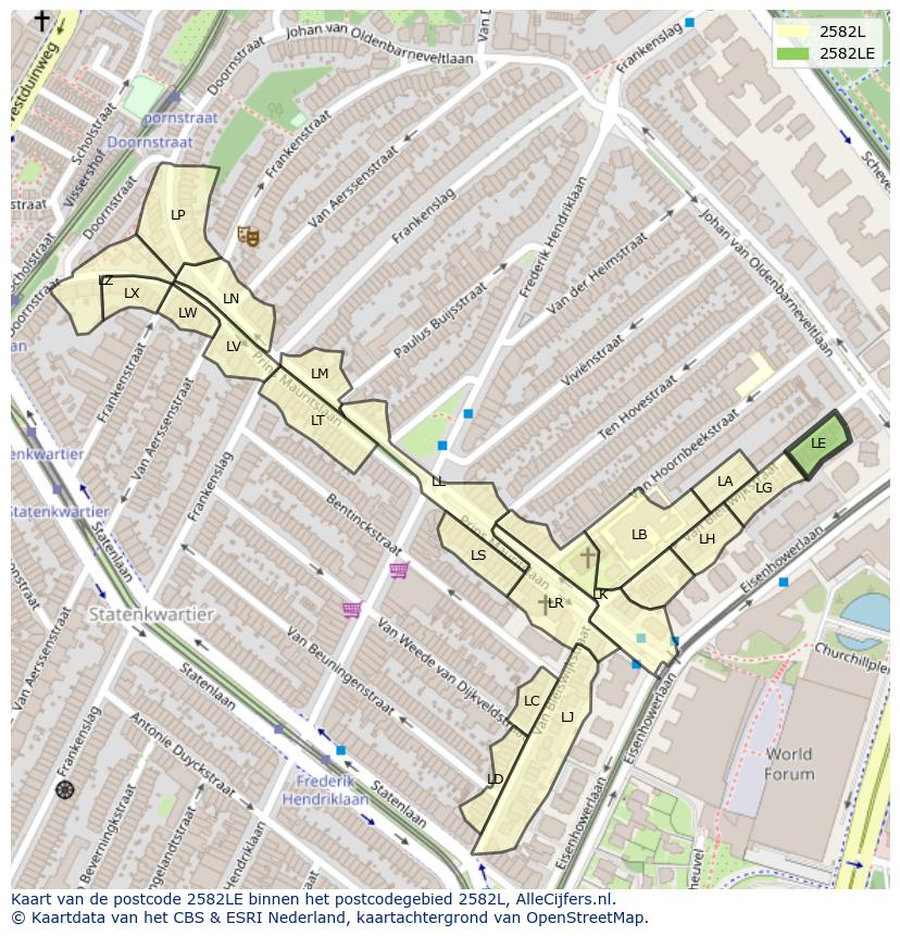 Afbeelding van het postcodegebied 2582 LE op de kaart.