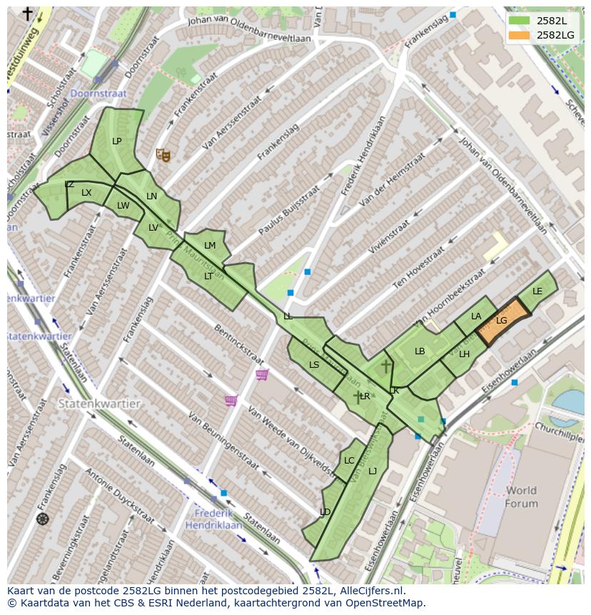 Afbeelding van het postcodegebied 2582 LG op de kaart.