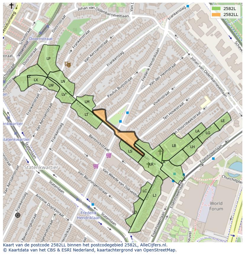 Afbeelding van het postcodegebied 2582 LL op de kaart.