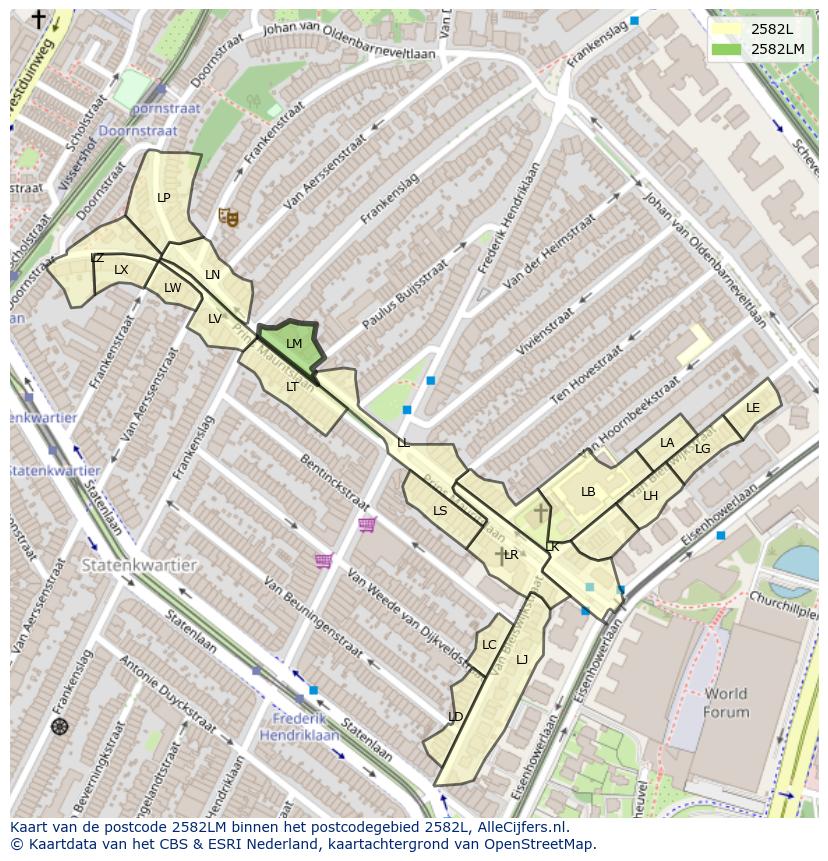 Afbeelding van het postcodegebied 2582 LM op de kaart.