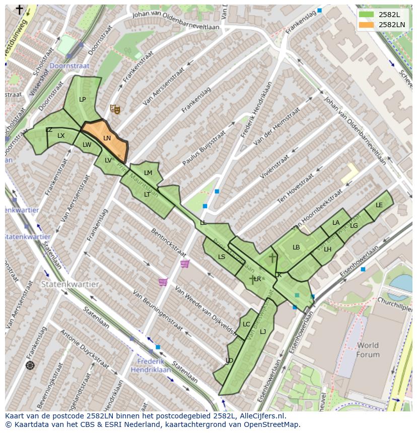 Afbeelding van het postcodegebied 2582 LN op de kaart.