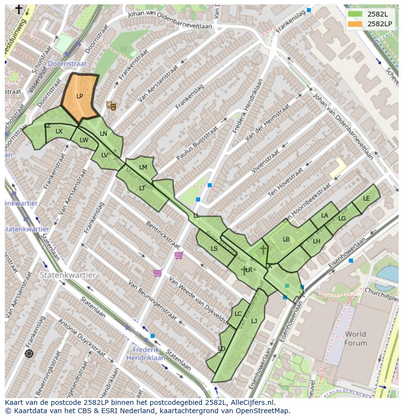 Afbeelding van het postcodegebied 2582 LP op de kaart.
