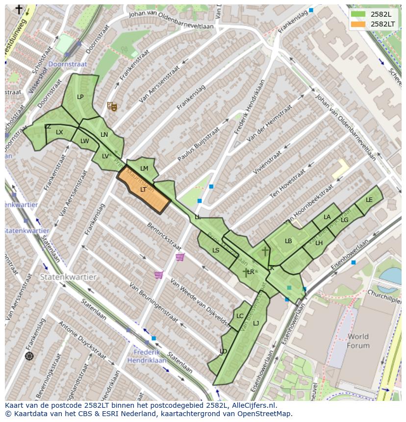Afbeelding van het postcodegebied 2582 LT op de kaart.