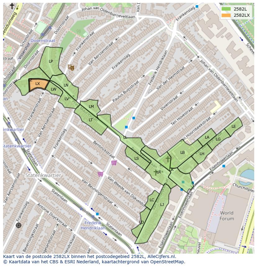 Afbeelding van het postcodegebied 2582 LX op de kaart.