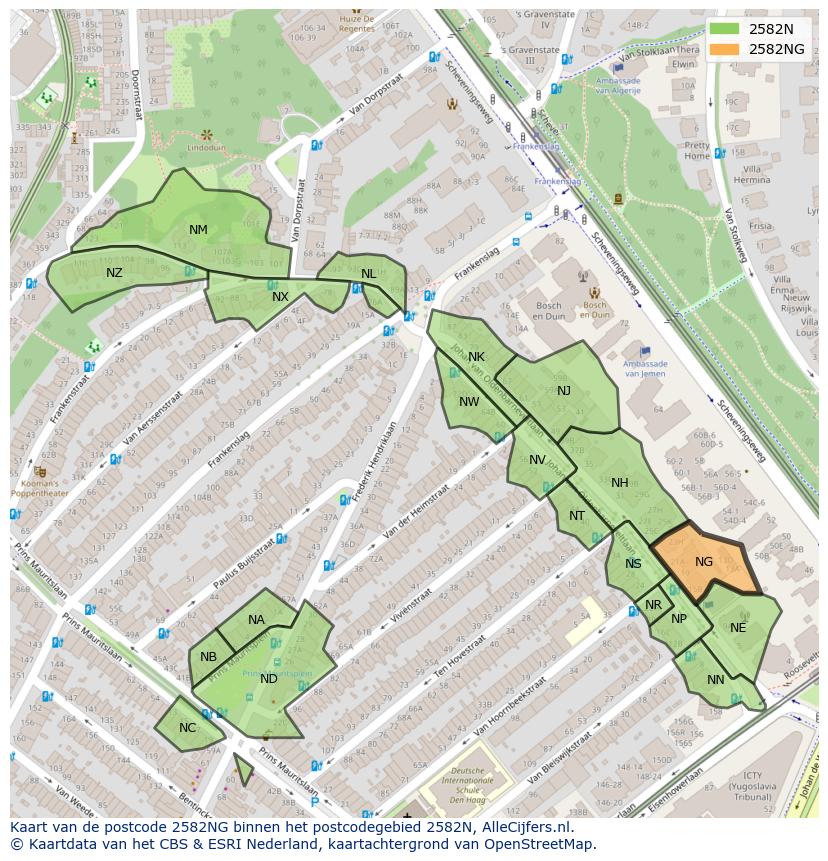 Afbeelding van het postcodegebied 2582 NG op de kaart.