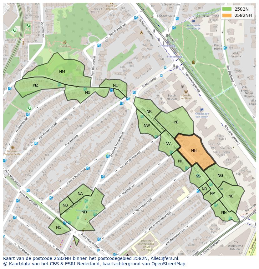 Afbeelding van het postcodegebied 2582 NH op de kaart.