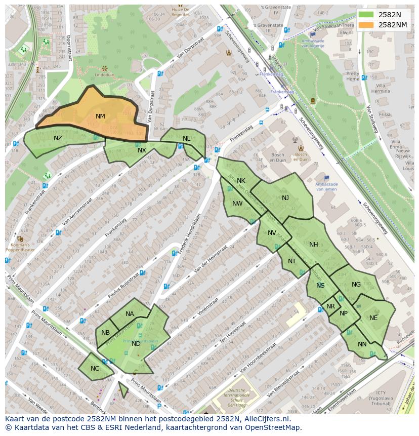 Afbeelding van het postcodegebied 2582 NM op de kaart.