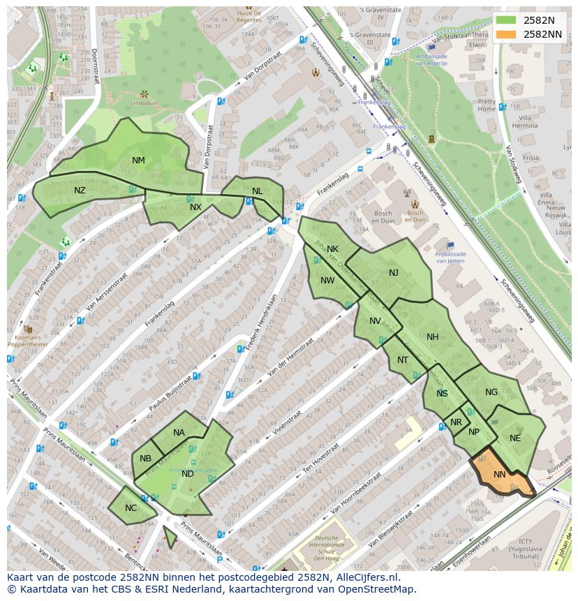 Afbeelding van het postcodegebied 2582 NN op de kaart.