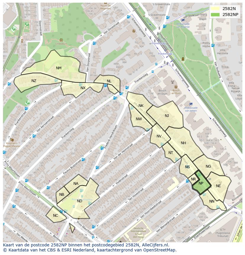 Afbeelding van het postcodegebied 2582 NP op de kaart.
