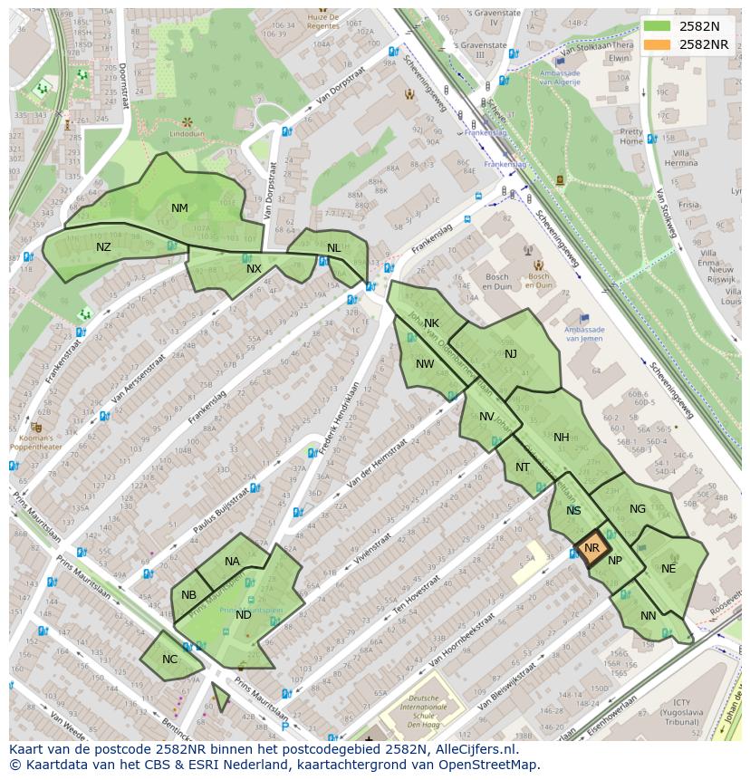 Afbeelding van het postcodegebied 2582 NR op de kaart.