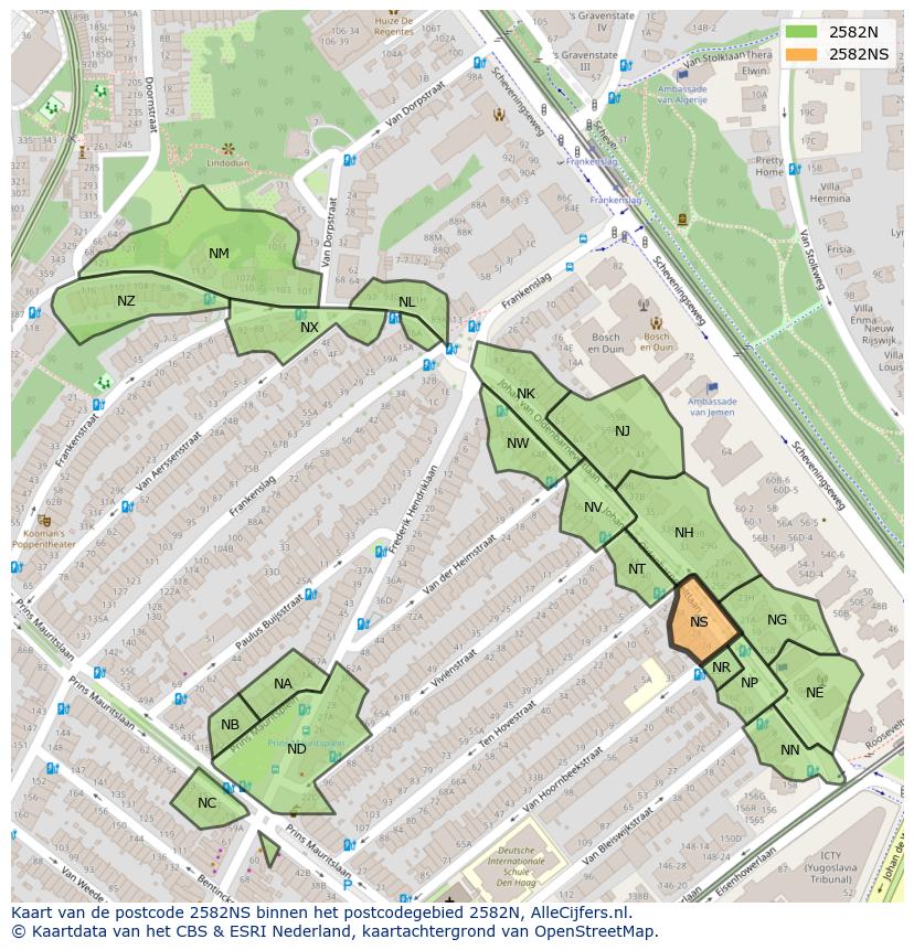 Afbeelding van het postcodegebied 2582 NS op de kaart.