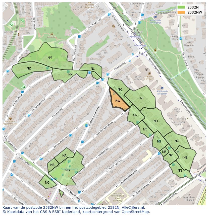 Afbeelding van het postcodegebied 2582 NW op de kaart.