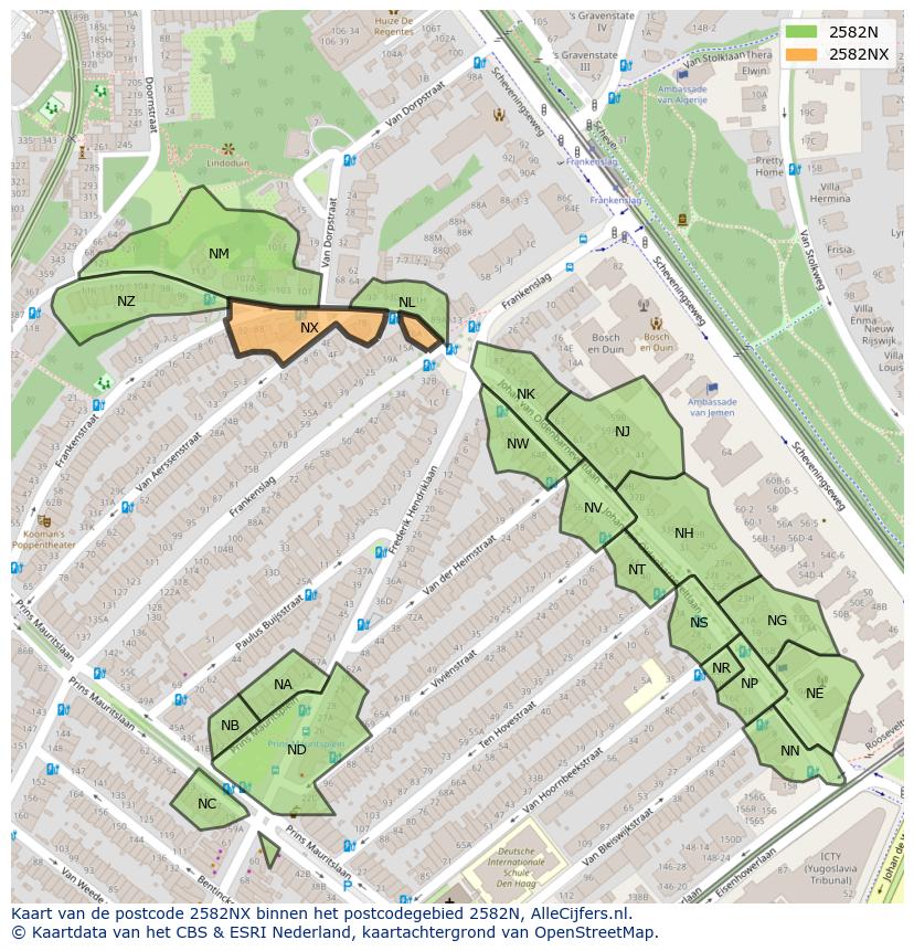 Afbeelding van het postcodegebied 2582 NX op de kaart.