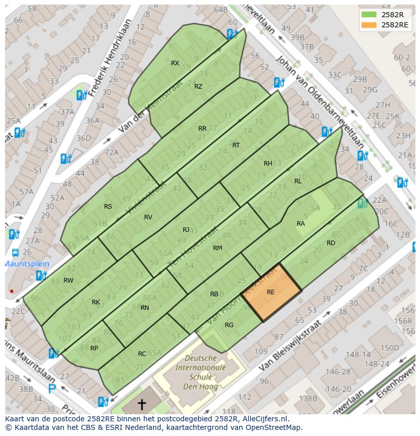 Afbeelding van het postcodegebied 2582 RE op de kaart.