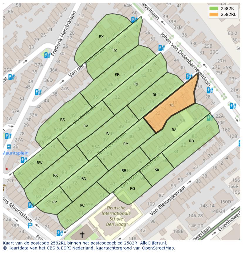 Afbeelding van het postcodegebied 2582 RL op de kaart.